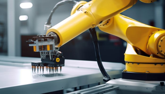Robot arm working in assembly line industry. manufacturing factory, automatization with advanced technology and artificial intelligence