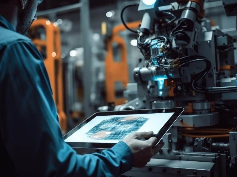 Technician worker using tablet controlling robot in factory, Checking and repair automatic robot.